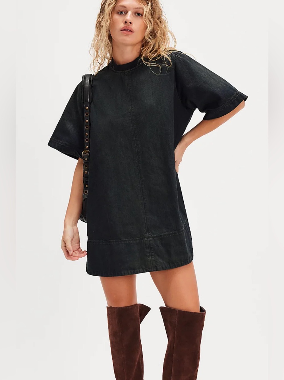 Free People Harlow Mini Dress Washed Black Oversized Denim Tee Dress Large NWOT - Picture 3 of 3
